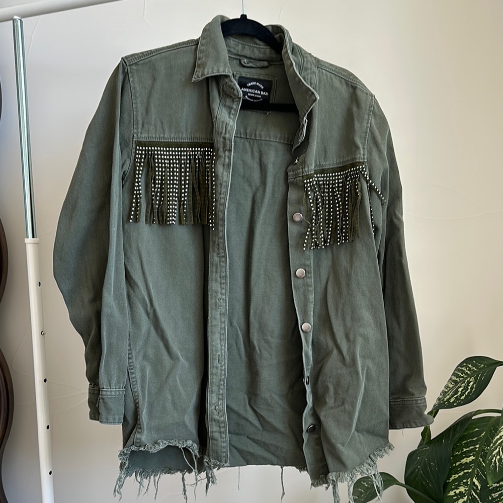 American Bazi Olive Green Fringe Studded Utility Jacket